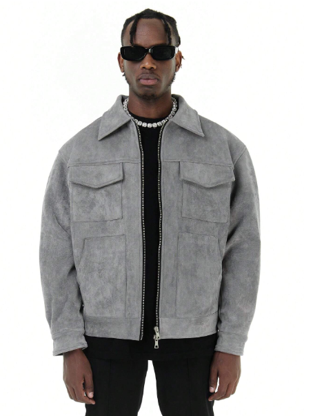 Men Flap Pocket Zip Up Suedette Jacket