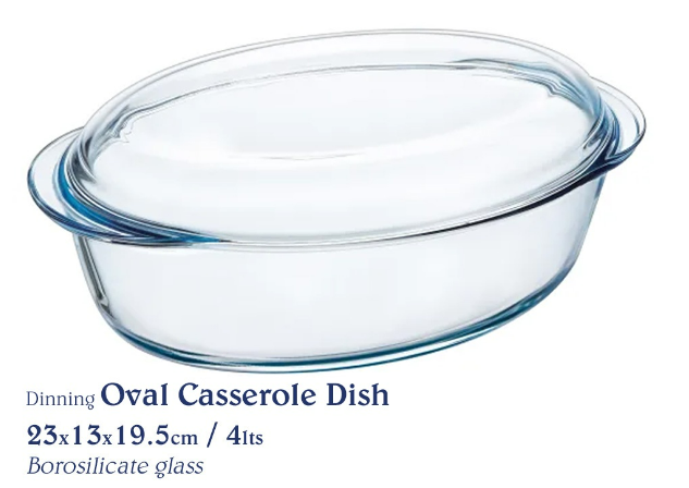 Chef's Classics Dining Glass Oval Casserole Dish, 23x13x19.5 / 4lts
