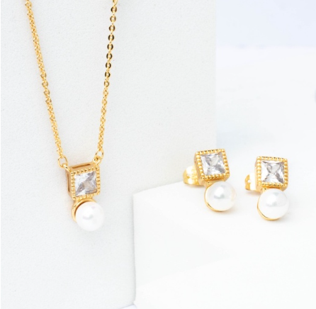 24k Gold Plated Pearl Diamond Pearl Jewelry Sets Necklace Earrings For Women No Fade