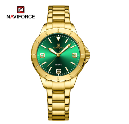 Naviforce Women Fashion Top Brand Luxury Blue Gold Ladies Genuine Leather Bracelet Classic Female Clock GREEN GOLD