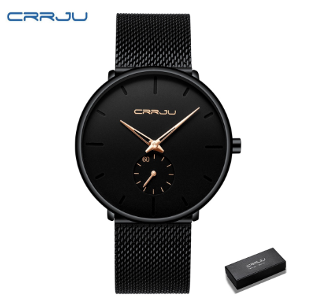 CRRJU Men's Fashion Black Stainless Steel Wrist Watch Waterproof Business Dress Watch for Men 2150S M15