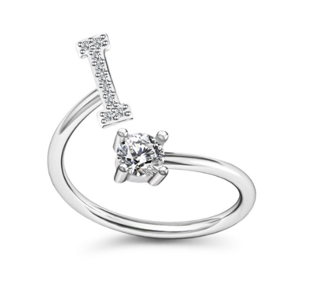 Simple Rhinestone 26 Letter Rings For Women Sliver Color Initials Adjustable Ring Opening Finger Accessories Wedding Jewelry I