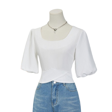 Lovito Women Casual Plain Round Puff Sleeves Blouse L71ED002 (White)