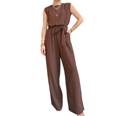 Lovito Women Lace Up Jumpsuits LNE31016 (Brown/Black)