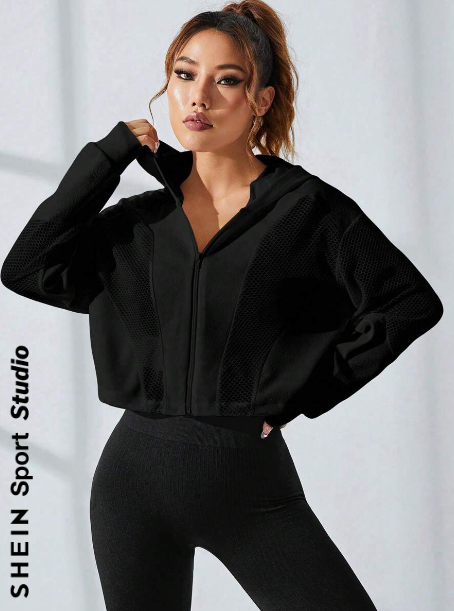 SHEIN Sport Studio Drop Shoulder Zip Up Hooded Crop Sports Jacket
