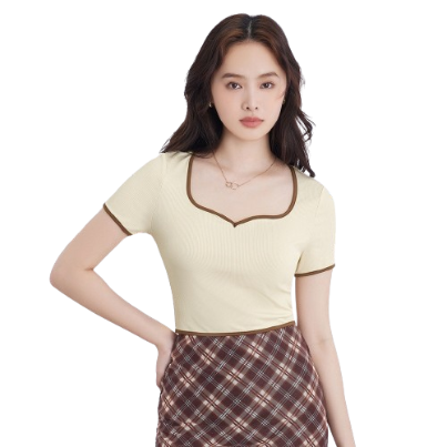 Lovito Women Contrast Binding T-Shirt L58Ad024 (Apricot)