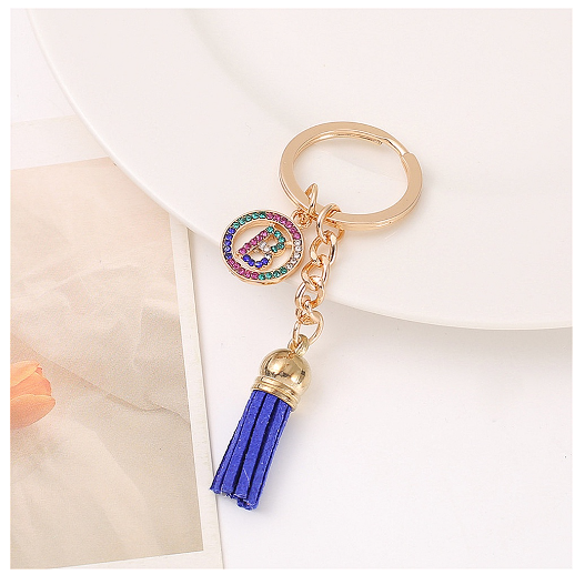 Mini Colorful Rhinestone A-Z Letter Keychains Trendy Tassel 26 Initials Metal Keyring Bag Charms Pendant Key Holder Accessories B