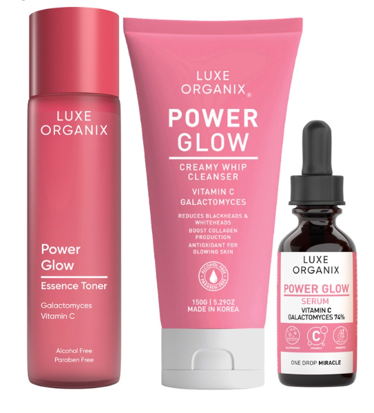 Luxe Organix Power Glow Vit. C 20 Percent Serum 30mL, Toner 150mL, & Brightening Cleanser 150ml Bundle