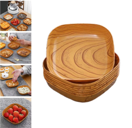 Kitchenware Plastic Wooden Design Square Plate Dessert Snack Tableware Kitchen Bowl Dish Dinnerware