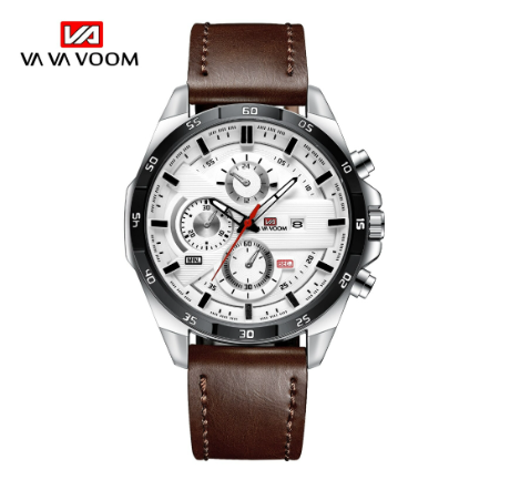 VA VA VOOM Fashion Mens Watch Top Brand Luxury Watch Waterproof Sport Quartz Clock Military Leather BROWN WHITE