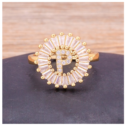 Initial 26 Alphabet Adjustable Size Gold Color Zircon A-Z Letter Ring Statement Name Jewelry P