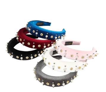 Korean Velvet Pearl Rivet Flower Headband Sponge Padded Hair Band Woman Diamond Fashion Hoop Hoop