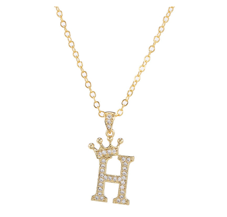 Luxury Crystal Zircon Alphabet Pendant Necklaces for Women Men Gold Crown Initial Letter Necklace H