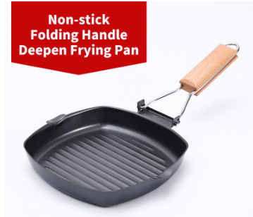 20CM Non-stick Deepen Frying Pan With Folding Wooden Handle Camping BBQ Indoor Outdoor Stovetop Use