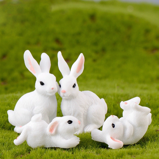 4Pcs Family White Rabbit Figurine Animal Model Resin Craft Micro Landscape Home Decor Miniature Fairy Garden Decoration Accessories