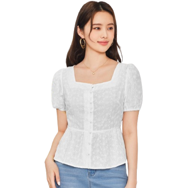 Lovito Women Elegant Plain Button Front Eyelet Embroidery Puff Sleeve Blouses L65ED026 (White)