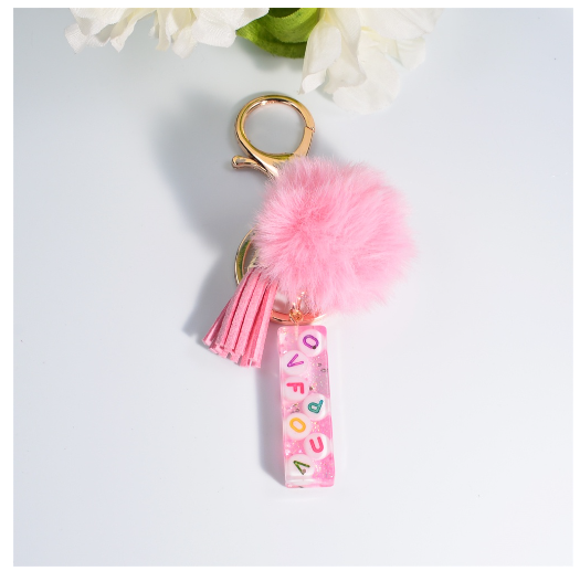 Exquisite Pink A-Z Letter Resin Keychain With Hairball 26 Initials Keyring Charms Women Bag Ornament Best Festival Gift I