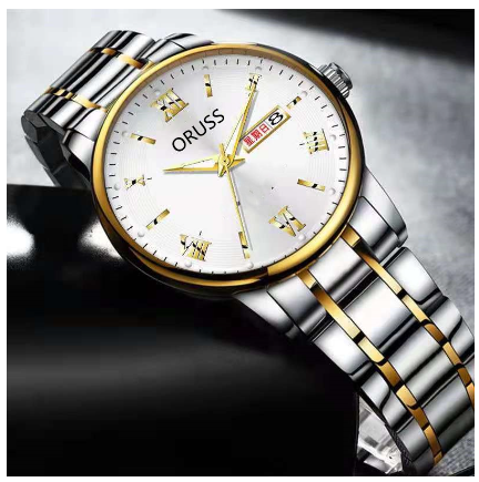 Oruss Luxury Silver Watch Men Original Waterproof Automatic Dual Calendar Quartz Watch Fashion Stainless Steel Strap Men Watch Relo 003
