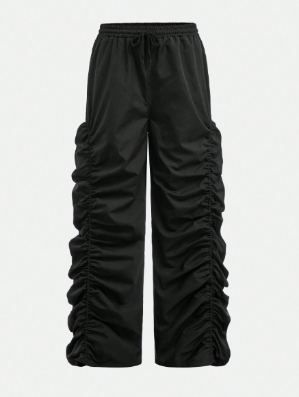 SHEIN Teens (Girls) Trendy Dark Plain Woven Wide-Leg Ruched Loose Pants