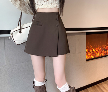 Lovito Women Casual Plain Asymmetrical Fake Pocket Skirts LNE27168 Sepia