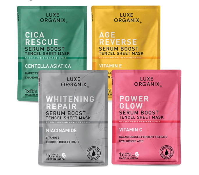 Luxe Organix Whitening Repair Power Glow, Cica Rescue, Age Reverse Serum Boost Sheet Mask 25ml Bundle