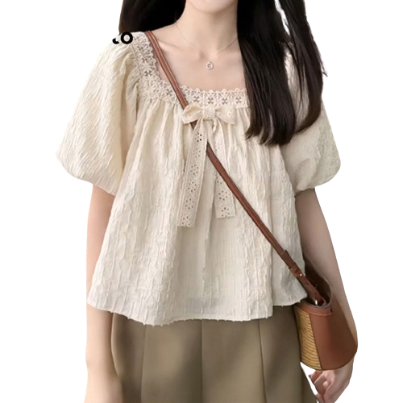 Lovito Women Contrast Mesh Lace Square Neck Blouse Lne19122 (Apricot)
