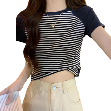 Lovito Women Fabric Stitching T-Shirt LNE20129 (Navy Blue)