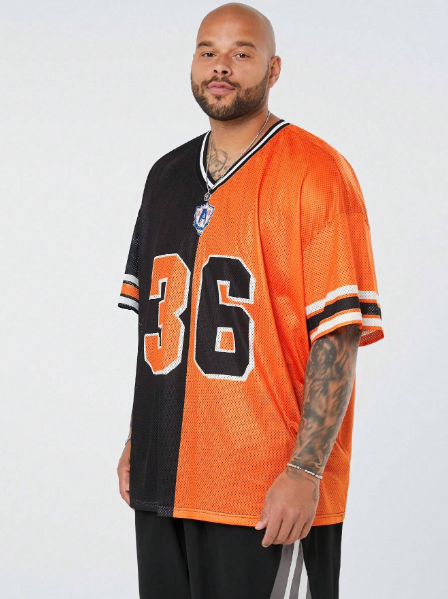 Manfinity CozeMod Manfinity CozeMod Men's Plus Size Casual Mesh Knit & Letter Printed Loose Wide Shoulder V-Neck Short Sleeve Jersey T-Shirt, Suitable For Summer