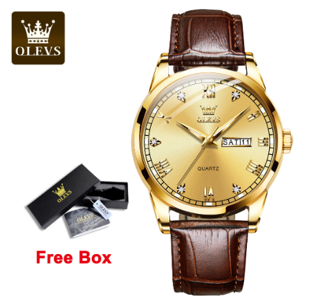 Olevs Watch For Men Waterproof Leather Strap Original Fashion Quartz Luminous Business Calendar Men's Watches GOLD DIAL GOLD CASE BROWN LEATHER STRAP