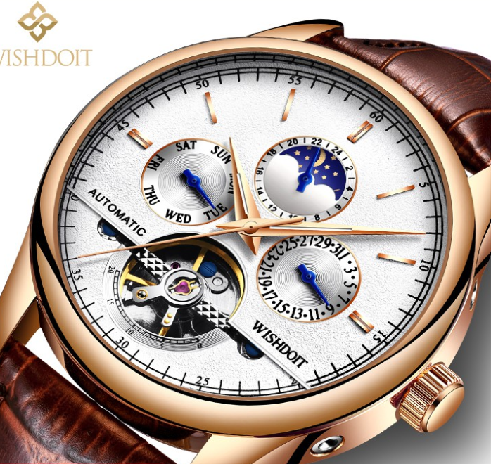 WISHDOIT Watch For Men Original Waterproof Leather Strap Business Fashion Luminous Automatic Mechanical Wristwatch BROWN WHITE