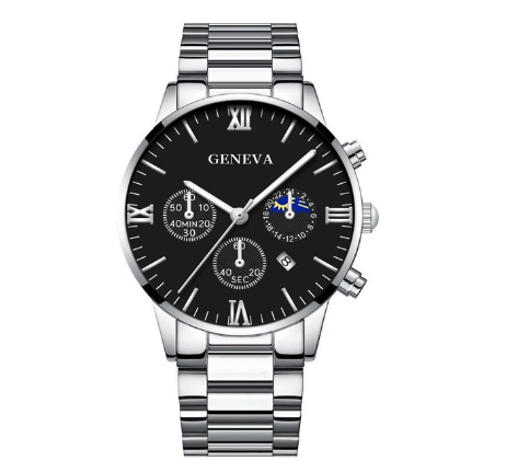 GENEVA High Quality Luxury Silver Mens Full Steel Business Quartz Wacthes Mens Original Waterproof Fashion Wristwatch Men Watch Relo SILVER BLACK