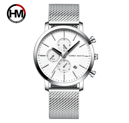 Hannah Martin Men Casual Watch Big Dial Stainless Steel Waterproof Wristwatch Multifunctional Chronograph Business Watch SILVER WHITE
