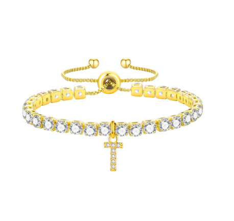 Vnox Cubic Zircon Letter Bracelet for Women Girl,18K Gold Handmade Initial Tennis Shiny Wedding Chain Link Jewelry Gift T