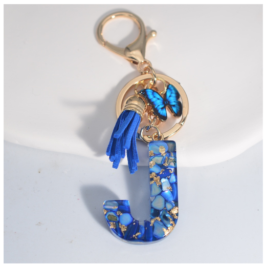Fashion Butterfly 26 Initials Keychain Exquisite Blue Stone Filled Letter Keyrings Exquisite Alphabet Pendant Bag Ornament Gifts J