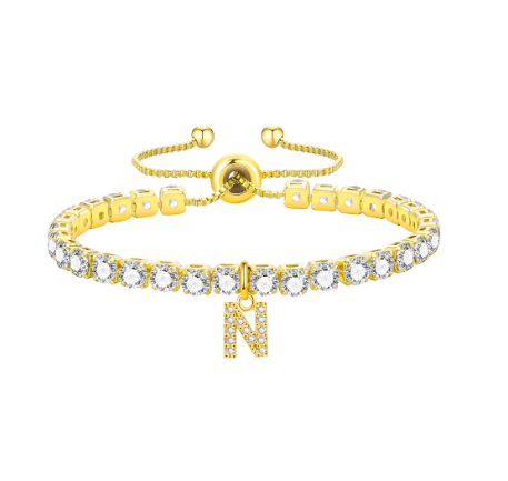 Vnox Cubic Zircon Letter Bracelet for Women Girl,18K Gold Handmade Initial Tennis Shiny Wedding Chain Link Jewelry Gift N