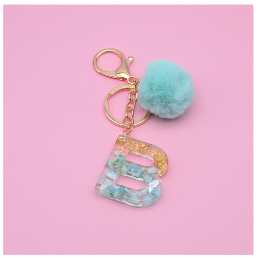 Cute Keyring Green Pompom Fur Ball 26 Letter Keychain Resin Key Chains Handbag Charms For Woman Ornaments Accessories Gift B