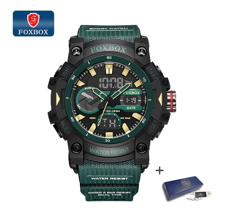 FOXBOX New Relo Digital Watch Men 2.16inch Big Dial Dual Display Outdoors Waterproof Sport Luminous Silicone GREEN