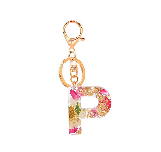 A-Z 26 Letter Pendant Keychains Resin Dried Flower Alphabet Keyring Charm Women Cute Bag Ornamant Accessories Gifts P
