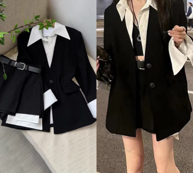 Women Formal Work Cloak Patchwork Fake 2-In-1 Pocket Button Front Blazer LNA35030 Black