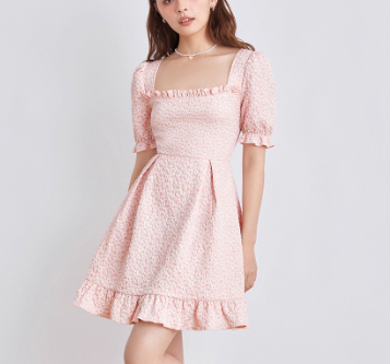 Lovito Romantic Floral Ruffle Hem Frill Midi Length Square Neck Women Dress L44AE011Coral Pink