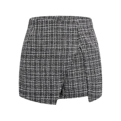 (Lovito Premium) Elegant Plaid Split Front Tweed Mini Women Shorts L31AD085 (Black)