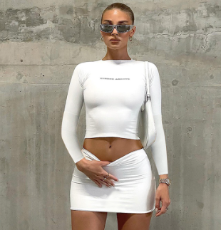 Women Long Sleeve Letter Print Cropped T-shirt & Mini Skirt 2 Piece Set