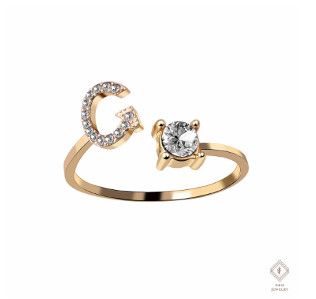 26 Letter Rings Cubic 14K Gold Promise Ring Diamond Ring Wedding 925 Silver Ring Adjustable Size G