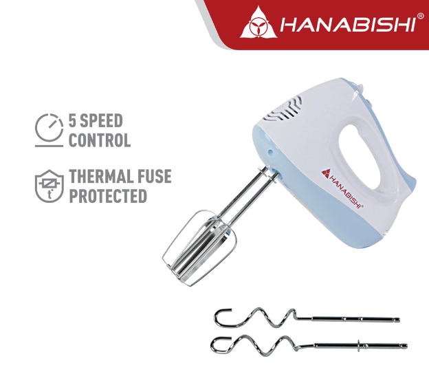 Hanabishi Hand Mixer HHM51 | Best for Baking 5-speed | Beater, Dough Hooks | Turbo