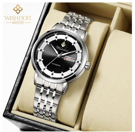 WISHDOIT Watch For Men Original Waterproof Stainless Business Fashion Luminous Automatic Mechanical Wristwatch SILVER BLACK 1