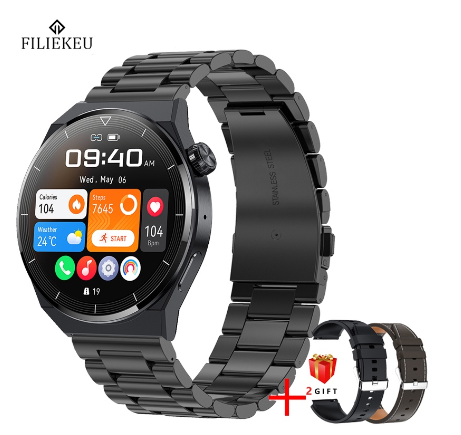 FILIEKEU NFC Smart Watch HD AMOLED Screen Support Ecg Plus Ppg Wireless Charging Bluetooth Call Ip68 Waterproof Smartwatch STEEL BLACK B