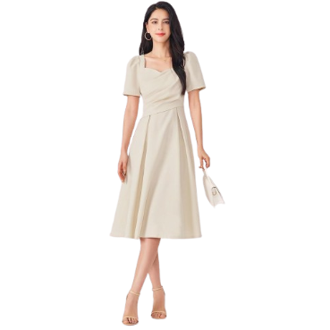 Lovito Women Casual Plain Wrap Pleated Ball Gown Dress L71ED176 (Apricot)
