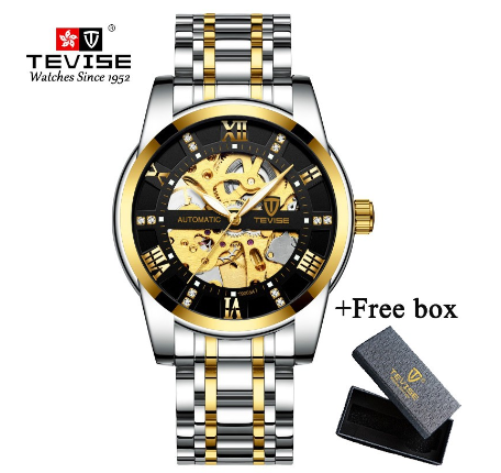TEVISE Original Watch for Men Automatic Waterproof watch relo Gold Skeleton Luxury Stainless Steel Steel leather strap Luminous 9005A 1