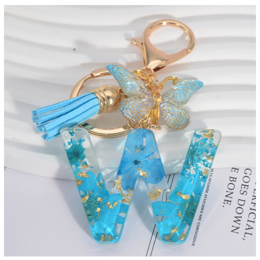 Sweet Blue Daisy A-Z Letter Keychains Fashion Butterfly 26 Resin Keyrings With Tassel Car Key Holder Accessories Pendant Gifts W