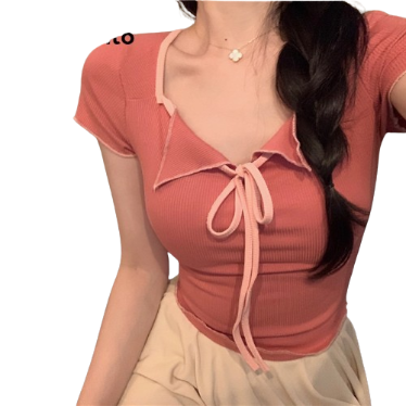 Lovito Women Casual Plain Tie Front T-Shirt LNA27360 (Watermelon Pink)